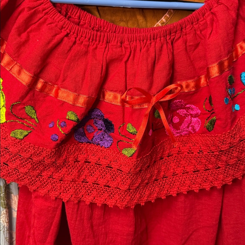 Red Embroidered Off-Shoulder Top - Picture 2 of 5